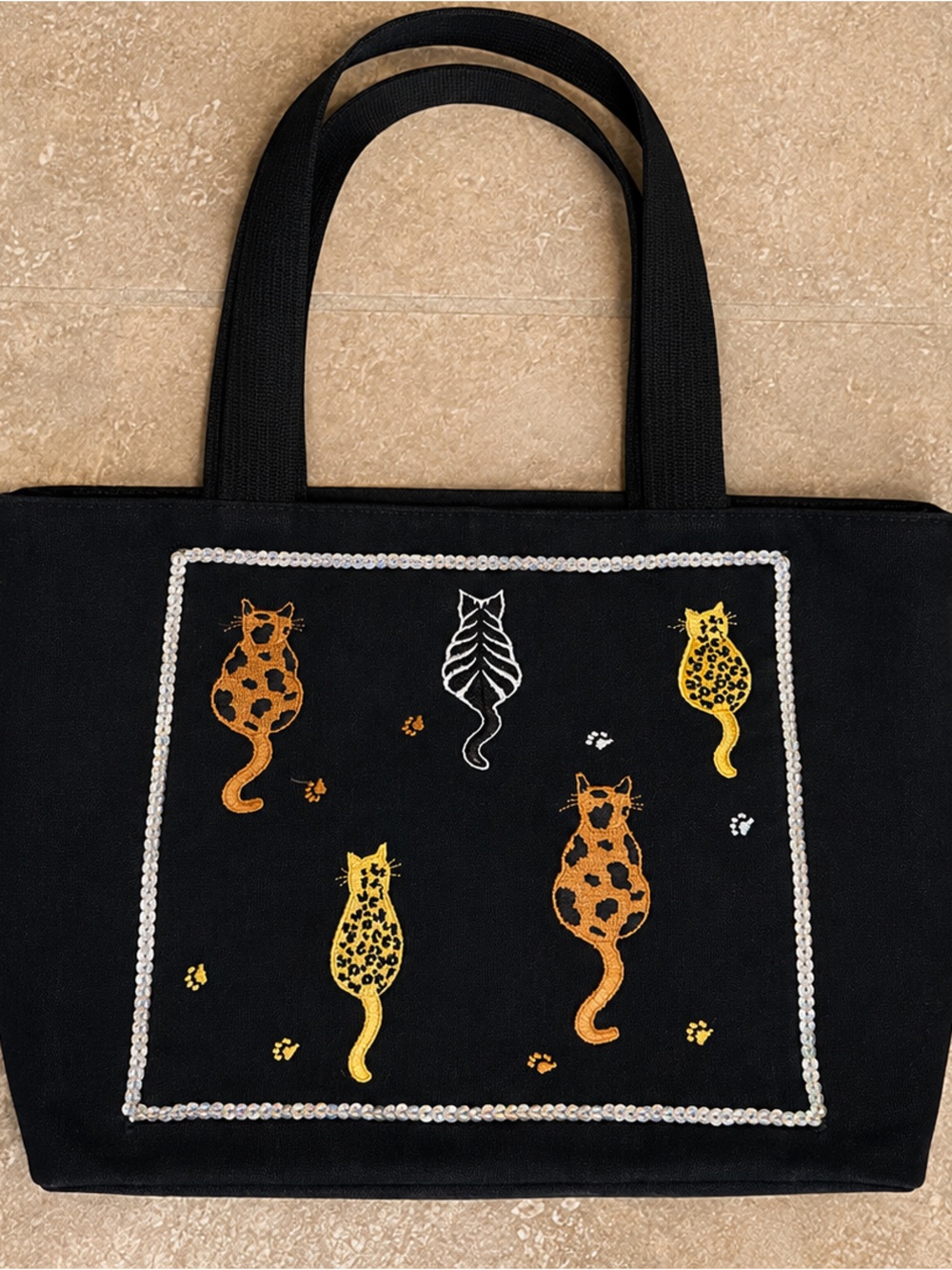 Black Tote Bag with Yellow & Orange Cat Motif and Sequin Trim